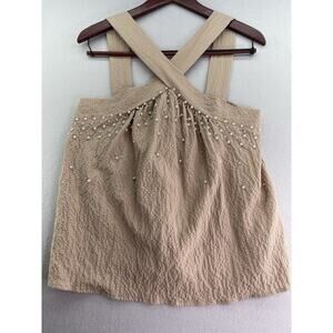 Versona Women’s L Beige Sleeveless Tank Top Pearl Embellished Blouse Dressy